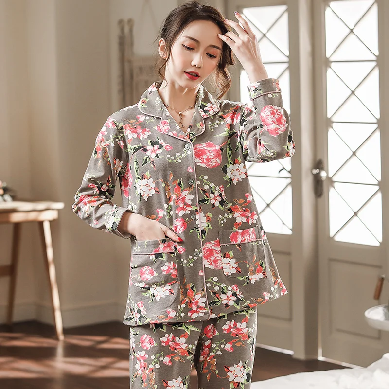 

Autumn Cotton Women Pajamas Set Floral Pyjamas Womens Long Sleeve Turn-down Collar Cardigan Casual Soft Plus Size Pyjama Femme