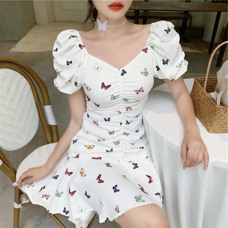 

Student butterfly print dress girl 2021 summer bubble sleeve slim sexy V-neck dresses women's clothing
