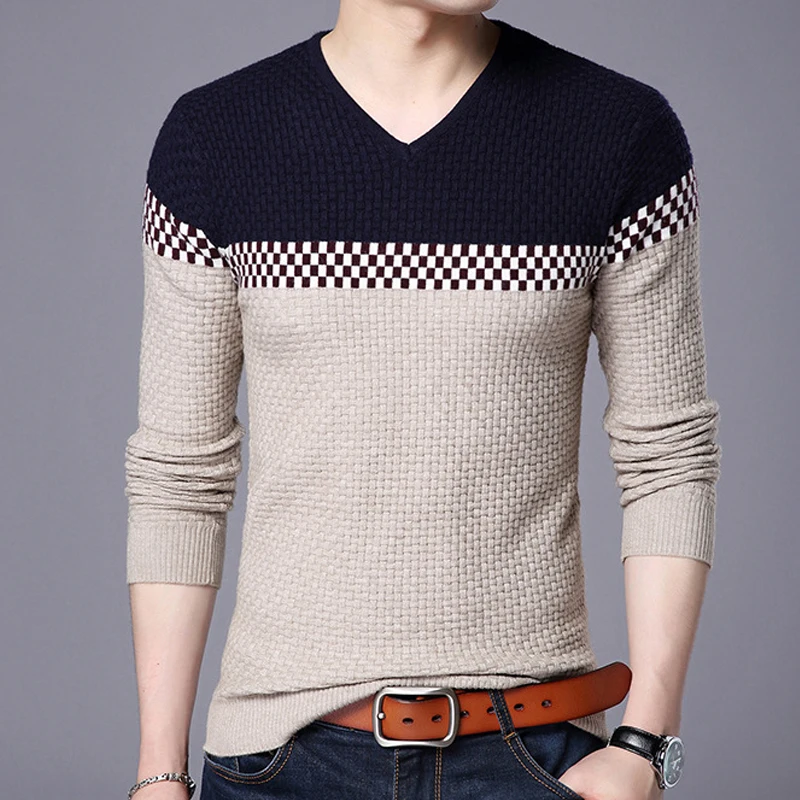 Мужской трикотажный пуловер с v-образным вырезом Повседневный хлопковый