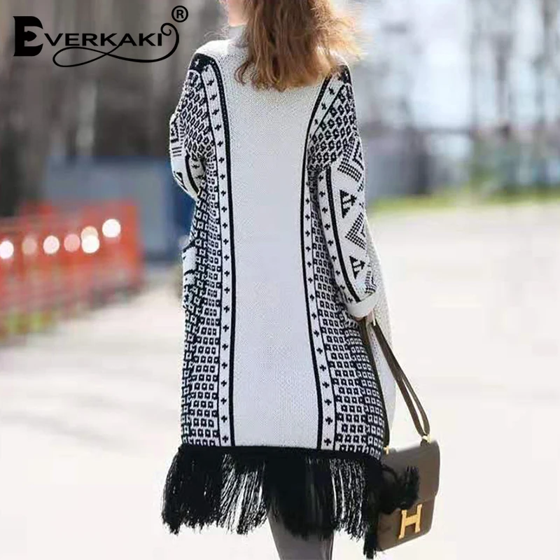Everkaki Boho с кисточками вязаные зимние кардиганы свитер женский плюс размер теплые
