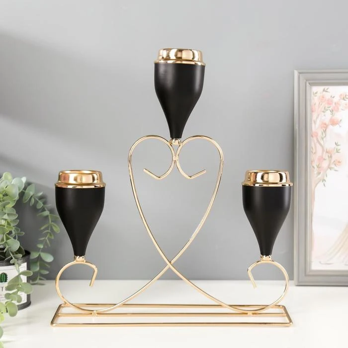 Подсвечник металл на 3 свечи &quotСердце&quot золото+чёрный матовый 34х39х10 см 5078224 | Дом