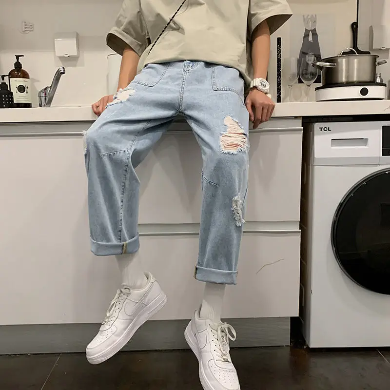 

2021 Pants Summer Baggy Jeans Trend Retro Ins Loose Straight Capris Hole Tidal Current Sport Streetwear The New Listing