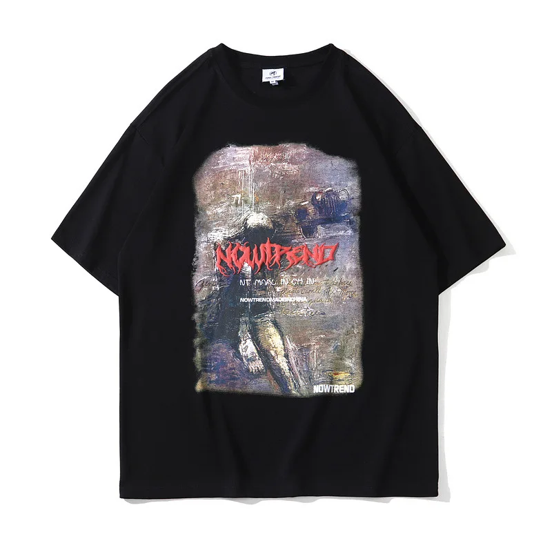 

2021 Men's clothing High Street Retro Oil Painting Three-Dimensional Puff Print Short-Sleeved T-shirt Women Hip Hop LooseT-shirt