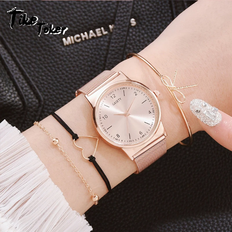 

Tike Toker 4PCS Women Watches Luxury Wrist watch relogio feminino Clock for Women Milanese Steel Lady Rose Gold Quartz Ladies