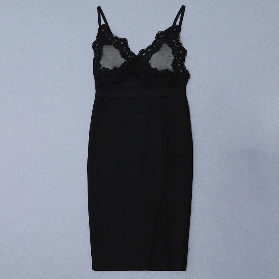 

2019 New Shelves Black Women'S Bandage Dress Sexy V-Neck Spaghetti Hollow Lace Bodycon Party Club Dress Women'S Wholesale