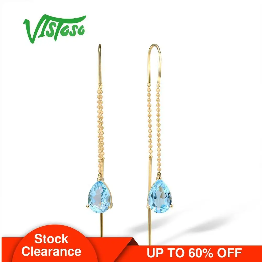 

VISTOSO 9K 375 Yellow Gold Charming Blue Topaz Stylish Dangling Earrings For Women Party Engagement Anniversary Fine Jewelry