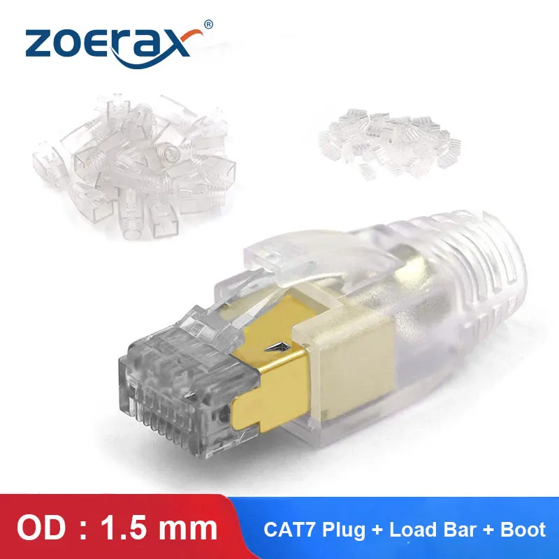 ZoeRax 3-Piece CAT6A & CAT7 Shielded RJ45 Modular Plug Connector 50μ - Wire Hole 1.5mm with Load-bar & Connector Boots