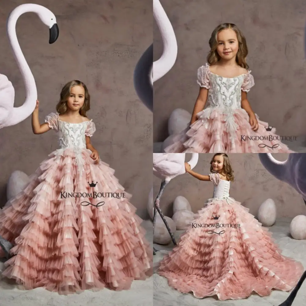 

2020 Luxury Ball Gown Flower Girl Dresses Lace Appliques Tiers Gilrs Pageant Dress Jewel Neck Little Kids First Communion Gowns