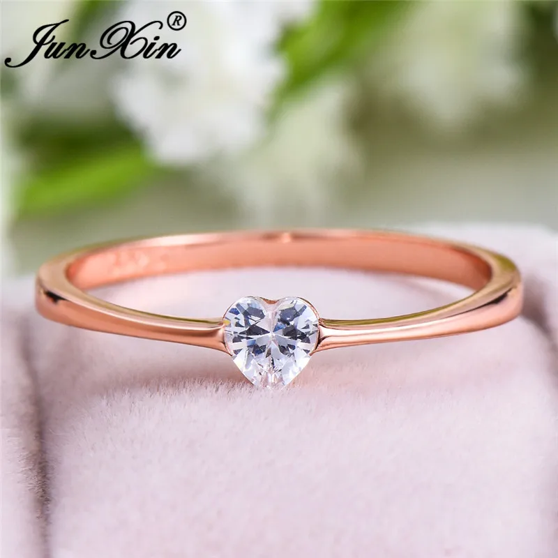 White Ring Изящное сердце любовь кольцо из розового золота кольца из стерлингового серебра 925 для женщин зеленый фиолетовый синий кристалл тонкие кольца, обручальные кольца CZ - Цвет основного камня: White Ring