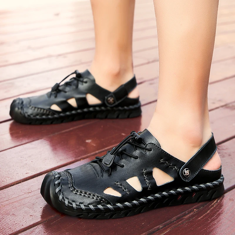 Сандалии мужские с закрытым носком натуральная кожа пляжная обувь для отдыха