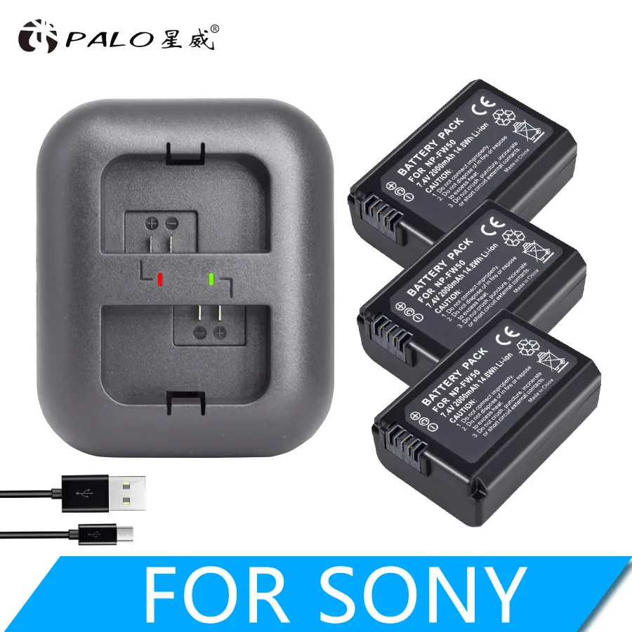 3pcs and charger PALO 2 шт. 2000 мАч NP-FW50 NP FW50 батарея для камеры+ светодиодный USB двойное зарядное устройство для sony Alpha a6500 a6300 a6000 a5000 a3000 NEX-3 a7R - Цвет: 3pcs and charger