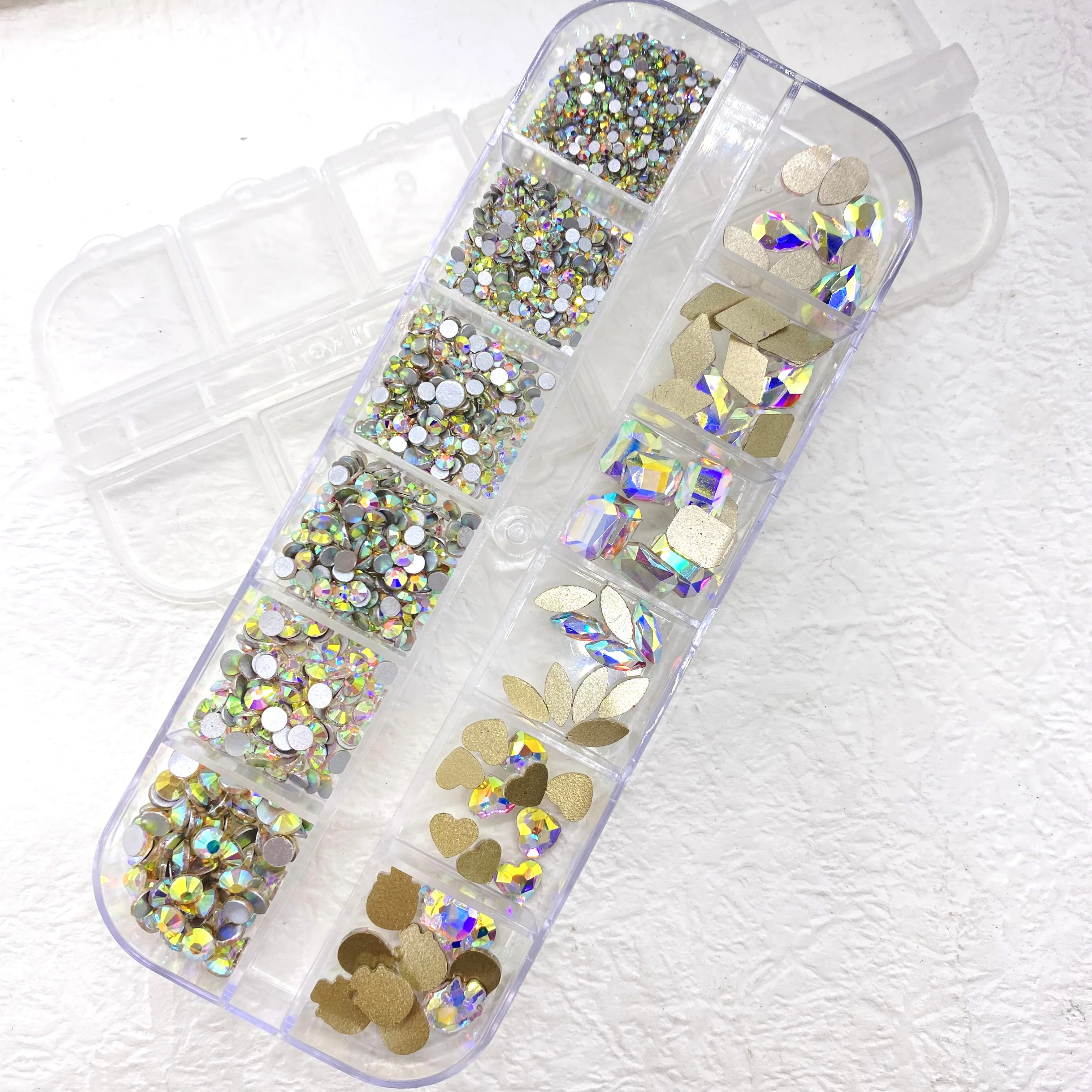 

12Gird Box Multi Size AB/Colorful Non Hotfix Rhinestones Flatback Crystal Diamond Gems 3D Glitter Nail Art Luxurious Decoration