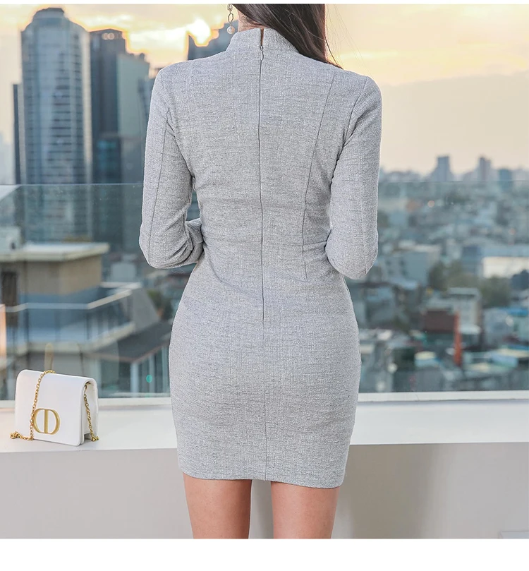 

2020 Winter Korea OL Single Breasted Stand Neck Solid Sheath Bodycon Vestidos Sexy Mini Office Women's Work Dress