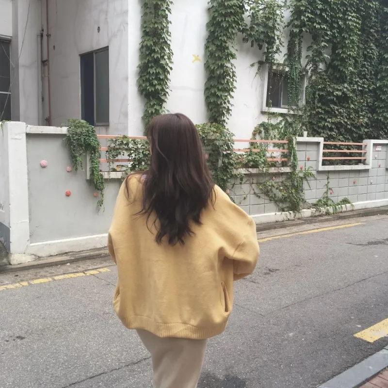 New Oversize Women's Sweaters Autumn Winter fashionable Vintage yellow Cardigans Single Breasted Puff Sleeve Loose Cardigan |