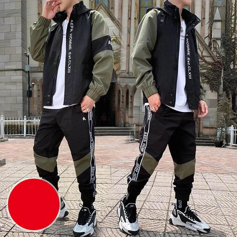 

Tracksuit Set Men's Spring Autumn Workwear Sporting Suit Hooded Jacket+Pants Hip Hop Patchwork 2PCS Sweatsuit For Men Clothing