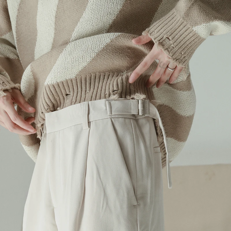 

IEFB Men's 2021 Spring New Single Fold Belt Design Informal Casual Suit Pants Black Trousers Japanese Fashion Bottoms 9Y4969