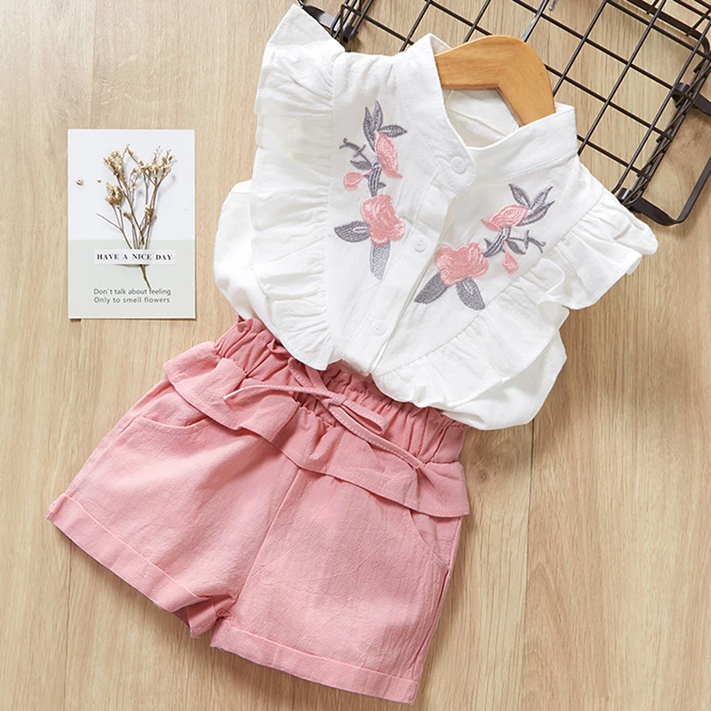 

2-7T Toddler Kids Girls Clothes Floral Petal Sleeve T-Shirt Tank Tops Shorts Outfit Set Summer Fashion Children Costume Suit