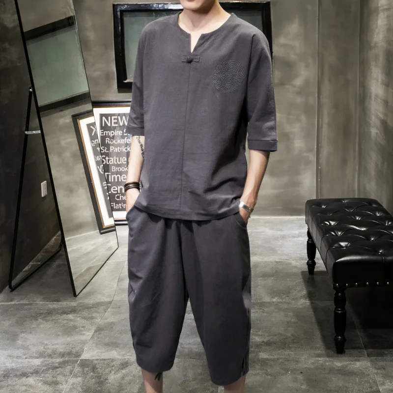 

Hot Sale 2020 Summer New Linen Suit Men's Casual Chinese Style Men's Short-sleeved T-shirt Cropped Pants Two-piece Men's Trend