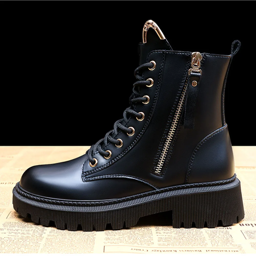 

DORATASIA For Dropship Women Boots Solid Lace Up Zipper Metal Med Heel Platfrom Women Boots Quality Fluffy Casual women's Shoes