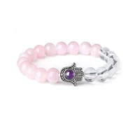 silver plated hand connect natural rose pink quartz round beads elastic bracelet rock crystal jewelry
