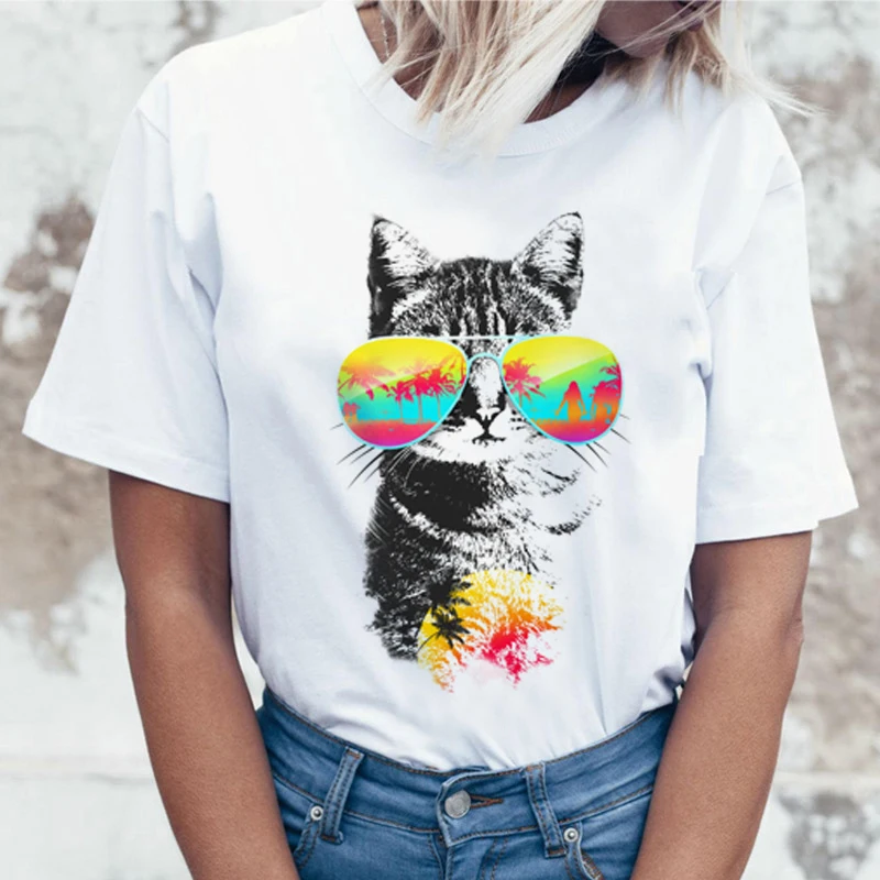 Женская футболка Kawaii Cat смешной мультфильм Harajuku Ullzang Милая 90 х модная в Корейском