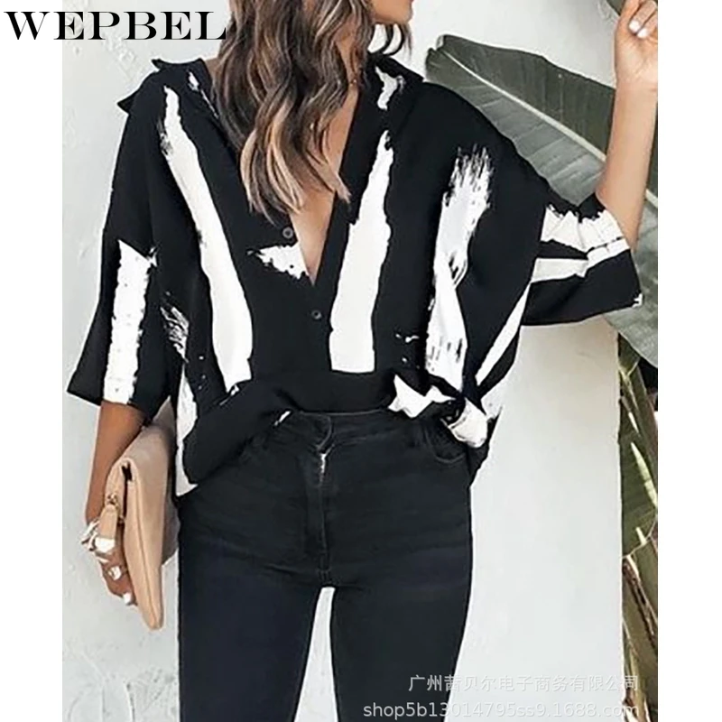 

WEPBEL Casual Striped Shirt Women's Tie-Dye Printed Single-Breasted Shirt Autumn Fashion Turn-down Collar Batwing Sleeve Shirt