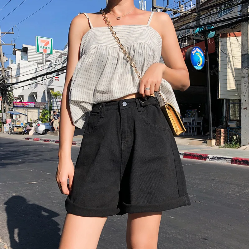 

Streetwear womens shorts button denim high waist short harajuku denim fold wide legs blue shorts hot sale 2021 summer