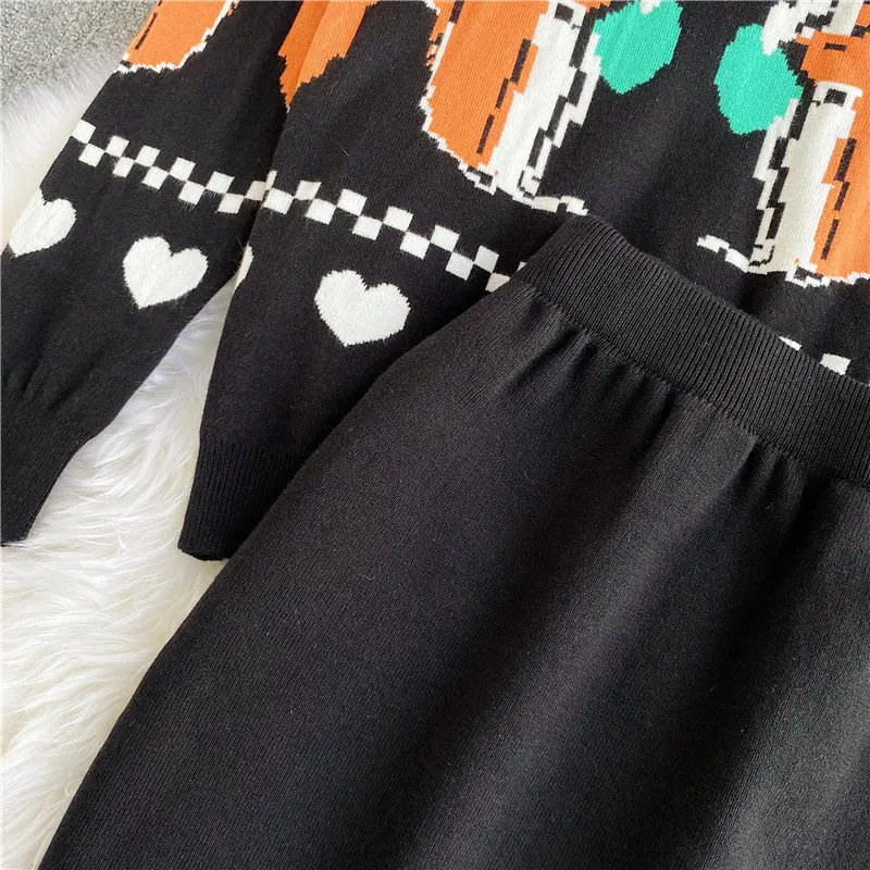 

Knitted Mosaic Fox Print 2 Piece Set For Women's Tracksuit O-Neck Sweater+Split Skirt Suits Spring Autumn Warm Ladies Sets
