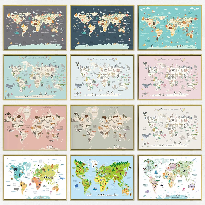 Карта мира холст живопись Пастельная животная тема Образовательное настенное