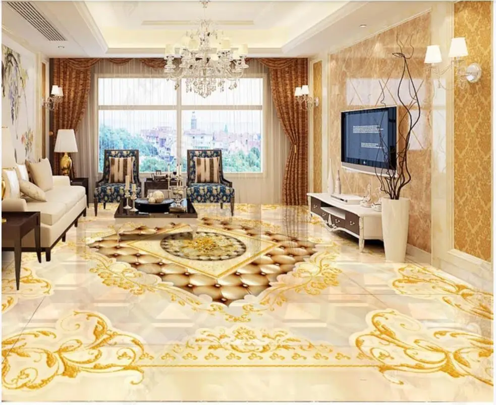 

Custom Self-adhesive waterproof Flooring wallpaper Wall Stickers Modern Golden European pattern royal style 3D floor tiles decor
