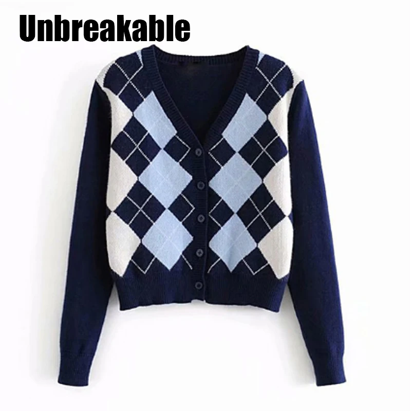 

Vintage Stylish Geometric Rhombic Cardigan Sweater Women 2020 Fashion Autumn Warm Long Sleeve Outerwear Chic England Style Tops