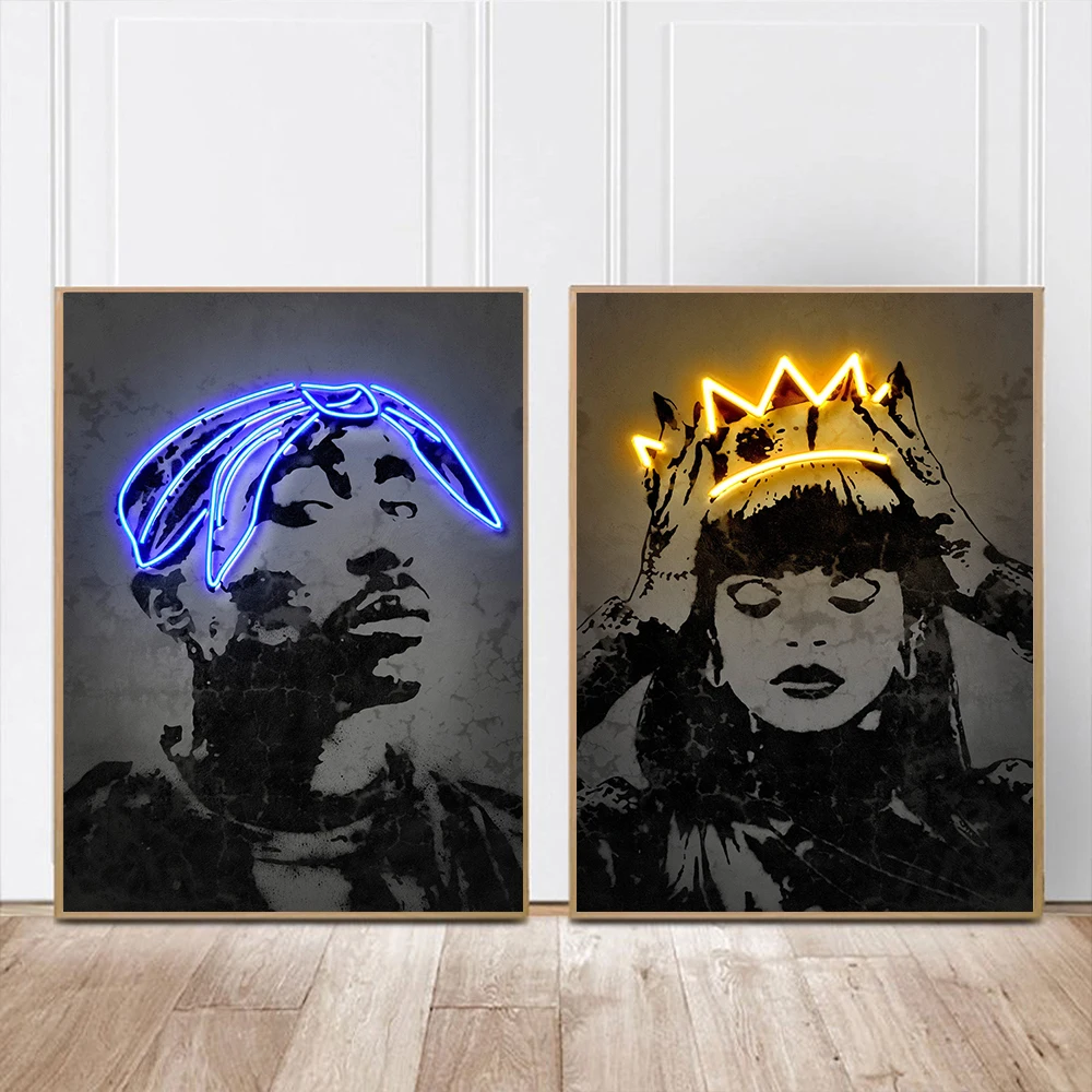 

Digital Rap Music Poster Street Graffiti Wall Art Neon Print Crown Painting Picture Concrete Decor For Man & Woman Room