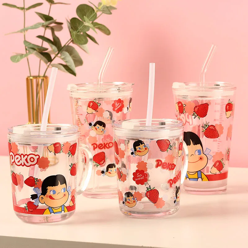 

Household cartoon glass cup seal with cover glass water cup children's milk cup with scale cup straw cup with handle