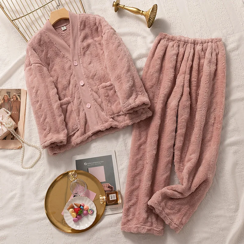 

Sleepwear With Pockets Winter Women Flannel Pajamas Set V-neck Casual Nightwear 2 Pieces Shirt&Pants Soft Lounge Wear Lingerie