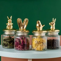 creativity gilded animal decorative glass bottle nordic modern transparent sealed dried fruit tea snacks storage jar with lid