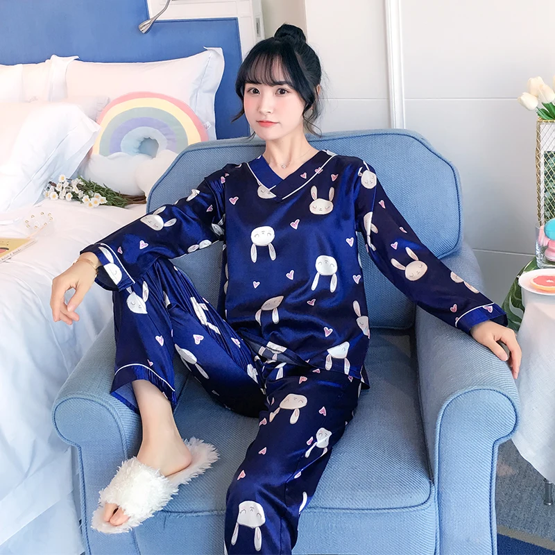Осенняя Шелковая пижама с длинным рукавом для женщин pijama mujer, милый пижамный комплект с мультяшным принтом, домашняя одежда, длинные штаны, сексуальные пижамы
