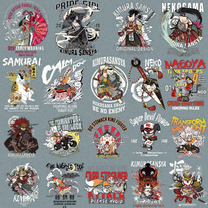 

Fashion Anime Fashion Sticker Cartoon Animal Cool Animation Cat Katana warrior Heat Transfer DIY Men's T-shirt decorate