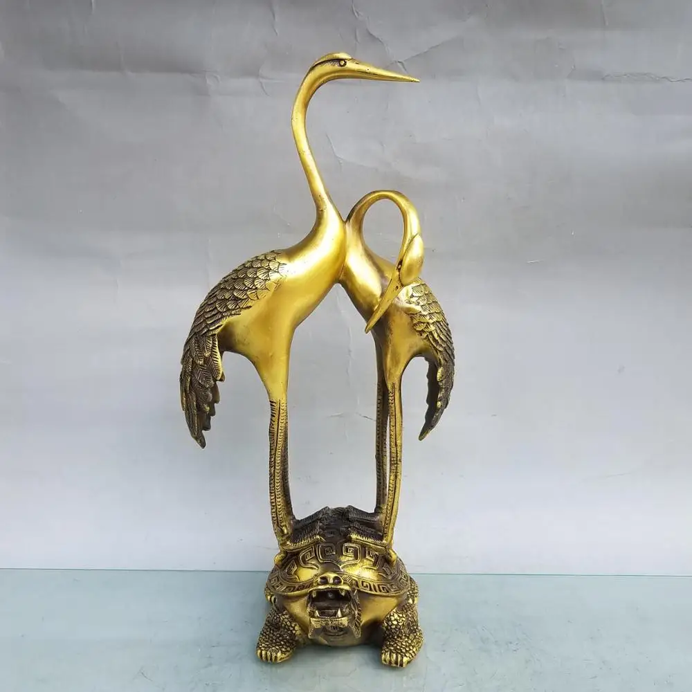 

14" China Lucky Seikos brass Shuanghe stepping on turtle statue Grus japonensis Fairy Crane, Red Crowned Crane Manchurian Crane