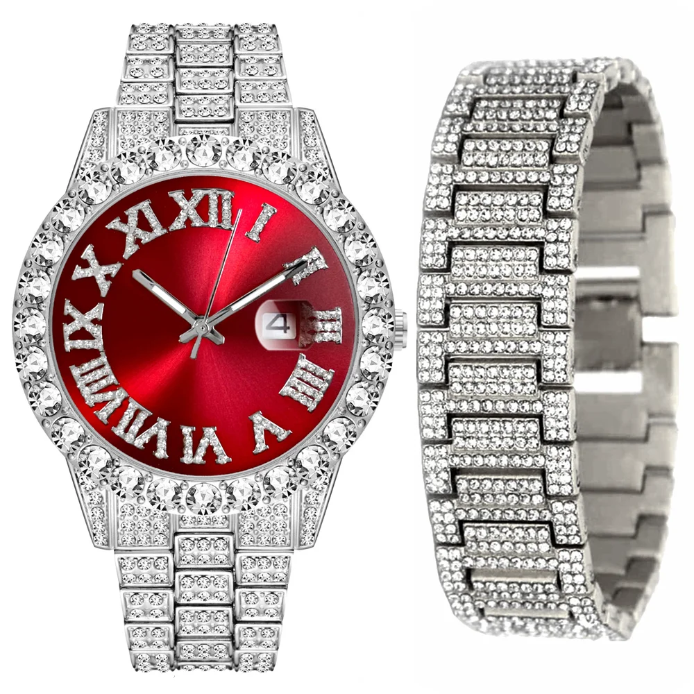 Льдом цепи часы-браслет для Для мужчин со льдом часы комплект ювелирных изделий в