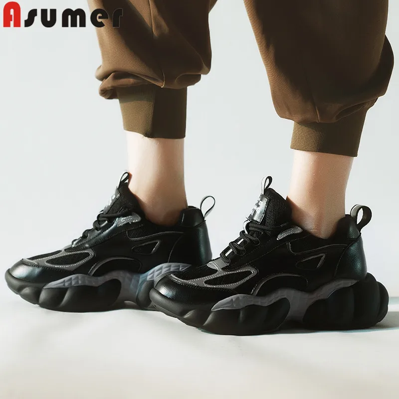 ASUMER/Новые модные туфли на плоской подошве женские повседневные кроссовки с круглым носком удобные кожаные туфли из сетки и коровьей кожи обувь на плоской платформе