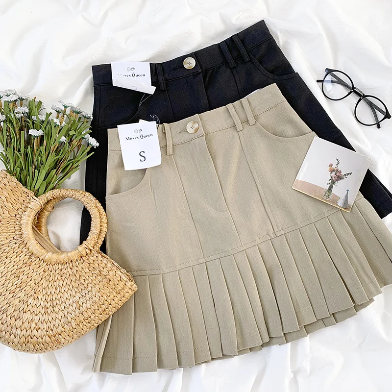 

Retro art college style high waist bag hip was thin solid color simple and versatile pleated skirt