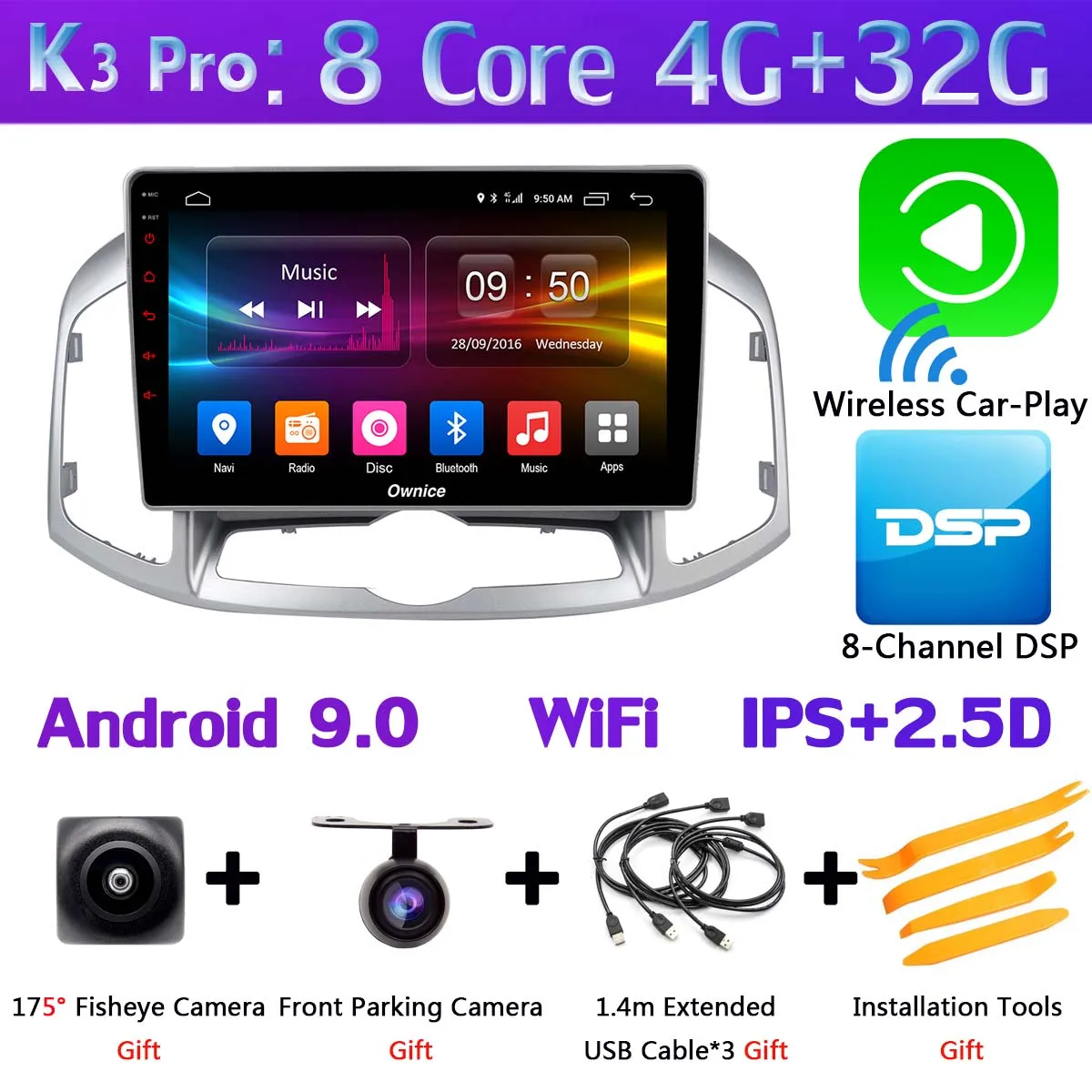 K3 Pro CarPlay Панорамная камера 360 ° gps радио 4G WiFi Android 9,0 8Core 4G+ 64G DSP SPDIF CarPlay Автомобильный плеер для Chevrolet Captiva 2011 - Цвет: K3 Pro CarPlay