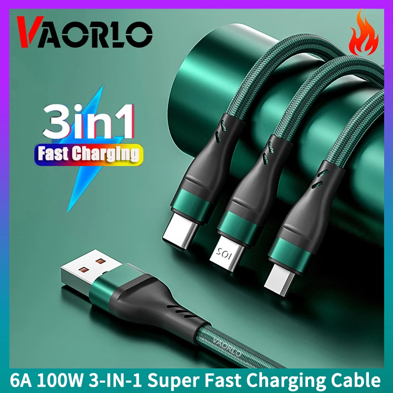 

VAORLO 6A 100 Вт супер быстрый зарядный кабель 3 в 1 нейлоновый плетеный кабель для передачи данных IOS/Micro USB/Type-C для iPhone Xiaomi Huawei Samsung