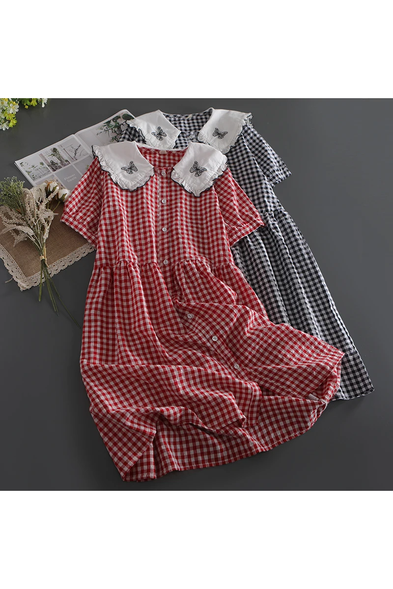 

Sweet butterfly embroidery lapel plaid dress women small fresh summer short-sleeved single breasted dress