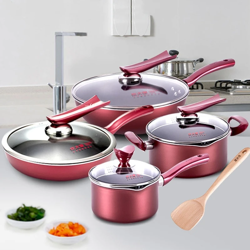 

Non-stick Pan Combination Set Flat-bottom Wok Milk Pan Binaural Pan 4-piece Open Flame Induction Cooker Home Kitchen Supplies