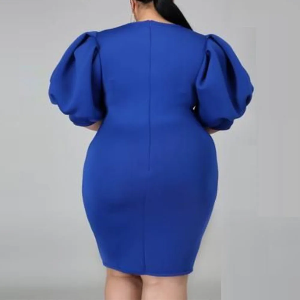 

African Style Women Dress Plus Size Blue Solid Lantern Sleeve Knee Length O Neck Bodycon Club Party Dresses Vestidos Robes