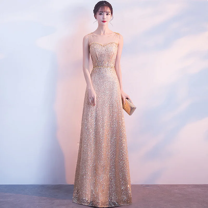 

Gold Elegant O-Neck Sleeveless Formal Party Dress Female Trailing Prom Dresses S-3XL Exquisite Sequins Trim Banquet Gown