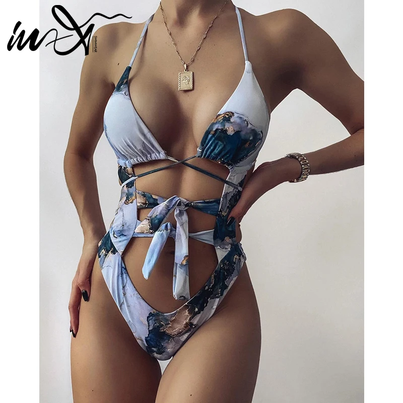 Слитный зеленый купальник In-X сексуальный с вырезами женские купальники