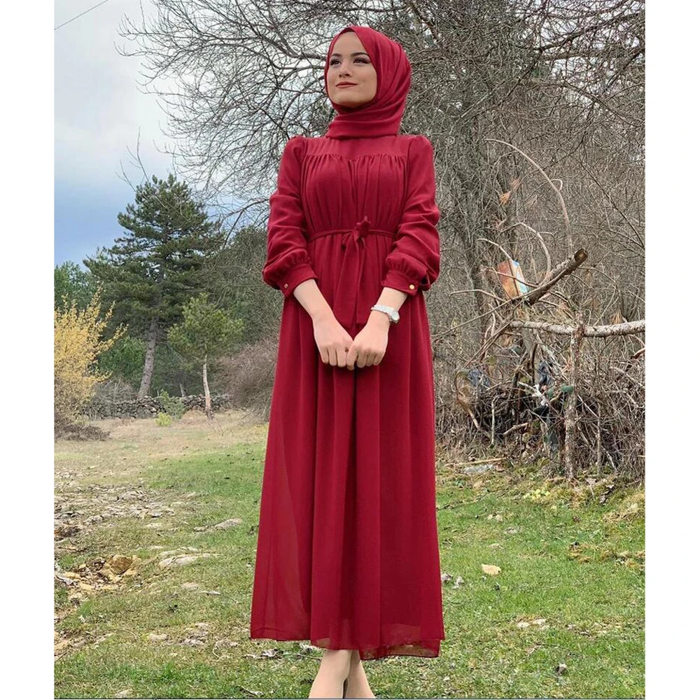 Dubai Kasual Sifon Lengan Panjang Gaun Abaya Arab Maxi Gamis Wanita Muslim Wanita Elegan Gaun Indonesia Timur Tengah Fashion Turki