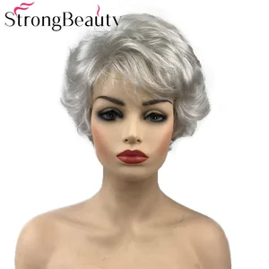 StrongBeauty короткий вьющийся парик, синтетические волосы, натуральные черныекоричневыесеребристо-серые парики для женщин, 6 цветов на выбор